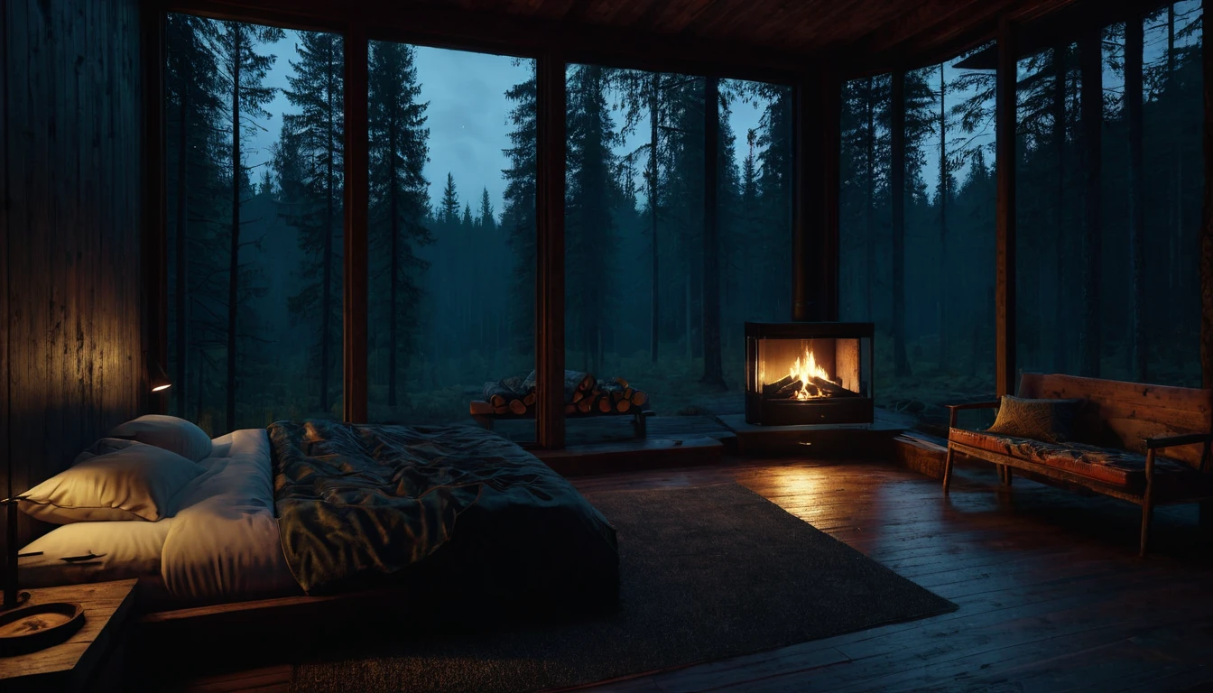 
dimly lit bedroom with fireplace and wood burning bed, large windows to the forest at night, beautiful and cinematic lighting, cozy place, cryengine render 8 k, cabin in the forest, minimalist pyramid room shape, pyramid glass, very forest background dark, lots of column windows, dark, pillows and blankets, large windows, minimalist windows, lots of boxes, minimalist windows facing the forest, quiet night. the picture is original, rainy night. original rendering, stunning, rainy night, gloomy, dark gloomy cinematic lighting, atmosphere, landscape, vast forest, moody, dramatic lighting. cinematic, cinematic, atmospheric shots, gloomy weather. hyperrealistic, atmospheric rendering, rainy night, huge gloomy forest, cinematic,