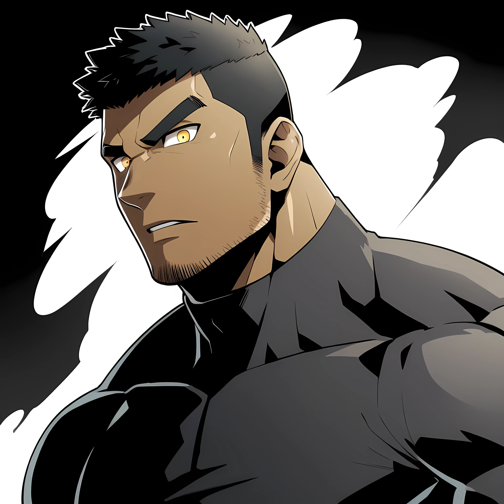 one negro, anime characters：Gyee, Hibino Kafka, One Muscle Sports Student, negro black skin, Very Black, muscular tough guy, Manliness, male focus, Grey long sleeve turtleneck tight t-shirt, Regular symmetrical pattern, Very tight, muscular male, muscular, only, Upper body, alone, Black short hair, Thick eyebrows, stubble, Yellow eyes, White background, simple background, amazing quality, best aesthetics, Ridiculous, bright pupils, crew cut, parted lips, v-shaped eyebrows, jitome, best quality