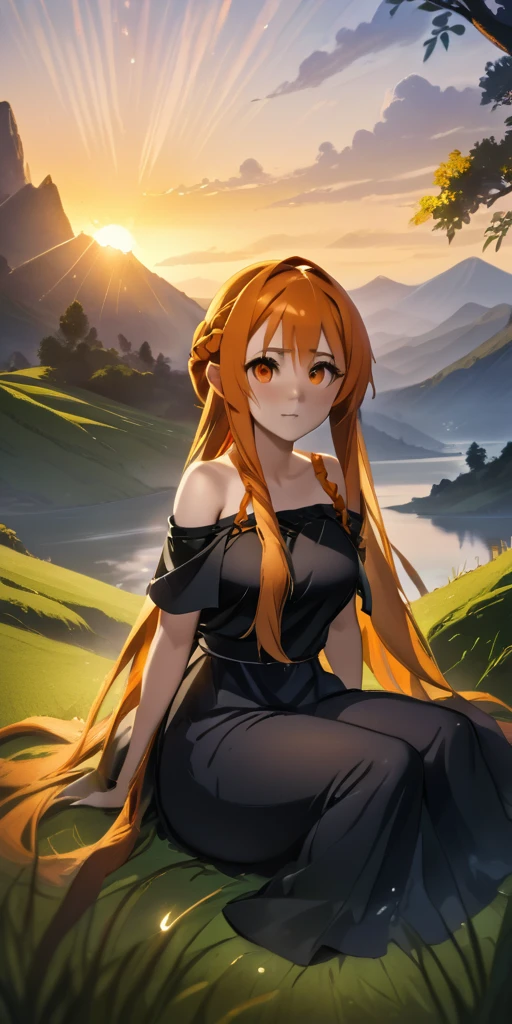 asuna yuuki (long hair, orange hair:1.3), fold hair, braid, orange eyes, breasts, epic art, fantasy, 1girl, grass, solo, barefoot, sitting, breasts, mountain, sunset, dress, bare_shoulders, outdoors, looking_at_viewer, off_shoulder, field, sky, lake, collarbone, mountainous_horizon, indian_style, twilight, tree, black_dress, large_breasts, scenery, medium_breasts, feet, off-shoulder_dress, (bokeh:1.3), rock, hollow eyes, bright pupils, orange eyes, looking at viewer. (glowing eyes:1.3), heavy breathing, smirk, upper teeth, steaming