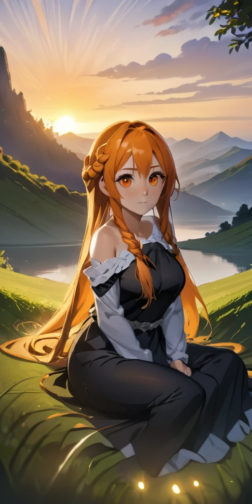 asuna yuuki (long hair, orange hair:1.3), fold hair, braid, orange eyes, breasts, epic art, fantasy, 1girl, grass, solo, barefoot, sitting, breasts, mountain, sunset, dress, bare_shoulders, outdoors, looking_at_viewer, off_shoulder, field, sky, lake, collarbone, mountainous_horizon, indian_style, twilight, tree, black_dress, large_breasts, scenery, medium_breasts, feet, off-shoulder_dress, (bokeh:1.3), rock, hollow eyes, bright pupils, orange eyes, looking at viewer. (glowing eyes:1.3), heavy breathing, smirk, upper teeth, steaming