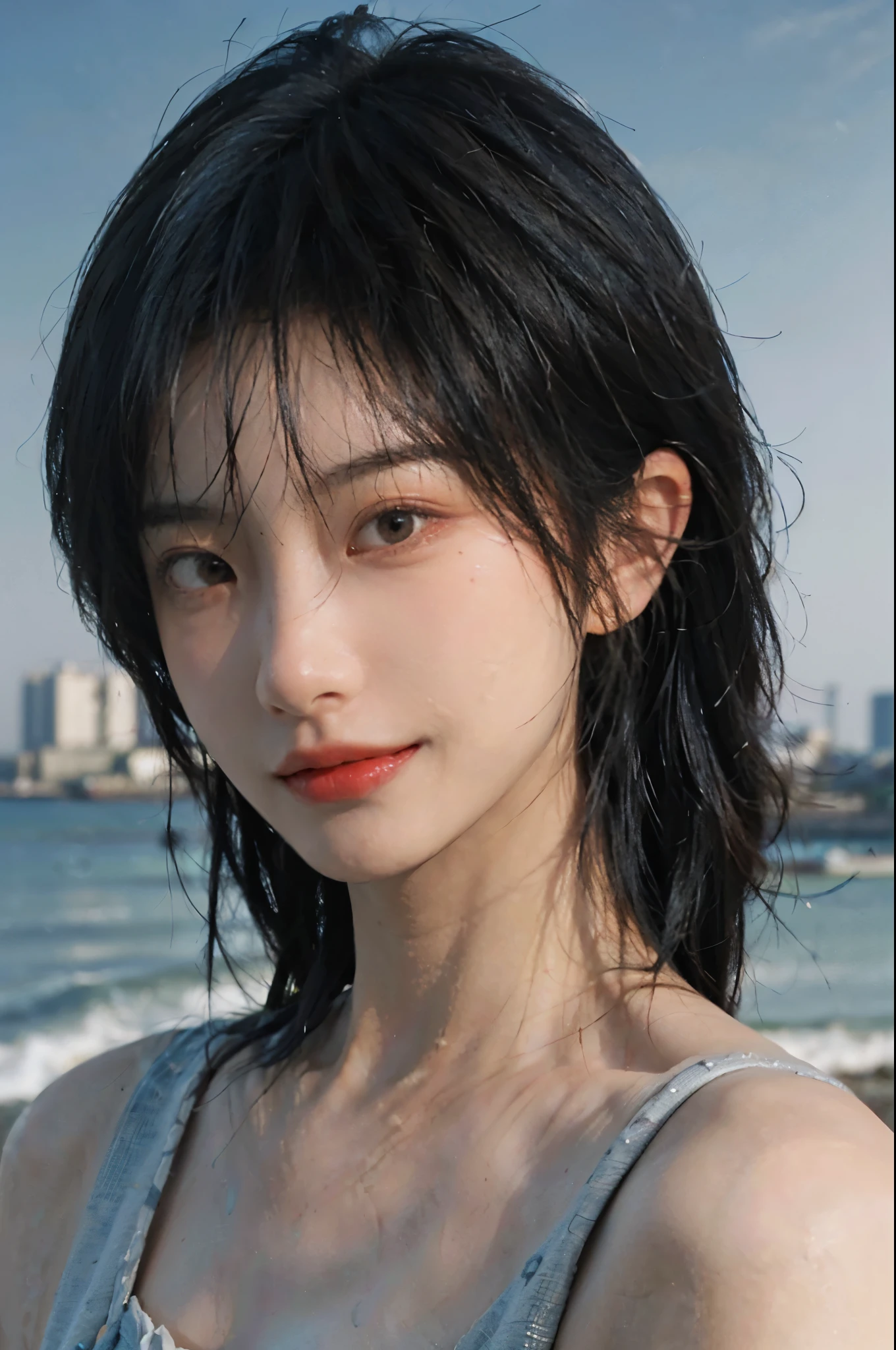 (Skin details:1.4), (smooth skin textures:1.3), Lipstick, background, Direct vision, earrings, serene, calm, (Realistic and detailed eyes:1.2), Natural skin texture, Realistic facial details, Soft dramatic lighting, Vivid details, 35 mm film, outdoor, (Photo Practical:1.4), (hyper Practical:1.4), (Practical:1.3), (Smoother lighting:1.05), (Improve lighting quality:0.9), (Highest quality real skin textures:1.4), Exquisite eyes, Delicate face, (Close-up of face, (Enhance the beauty of skin texture:1.1), Hair details, Noble temperament, (Black clothes 1.3), normal body ratio, short hair, Headband, Moles under the eyes, thinking, A faint smile, Seaside background, seaside, Portrait Photography, Depth of Field, Bokeh, Surrealism, Ray Tracing, (Portrait Photography:1.1), Surrealism, High Detail, Chiaroscuro, Ray Tracing, reflected light, Ultra HD, Ultra HD, masterpiece, Textured Skin, Super Detail, High Details, high quality, best quality