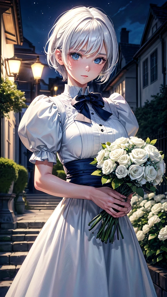 (best quality,high resolution,Super detailed,lifelike:1.2) ultra short white hair, tomboy hair, boyish hair, Blue shining eyes, big breasted, holding flower bouquet, standing in front a garden, night time