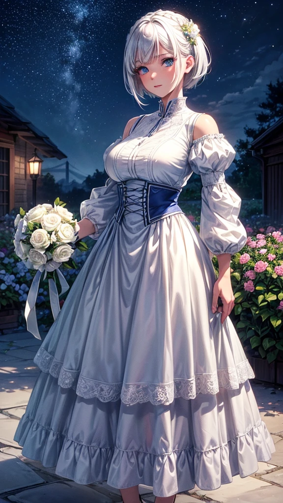 (best quality,high resolution,Super detailed,lifelike:1.2) ultra short white hair, tomboy hair, boyish hair, Blue shining eyes, big breasted, holding flower bouquet, standing in front a garden, night time