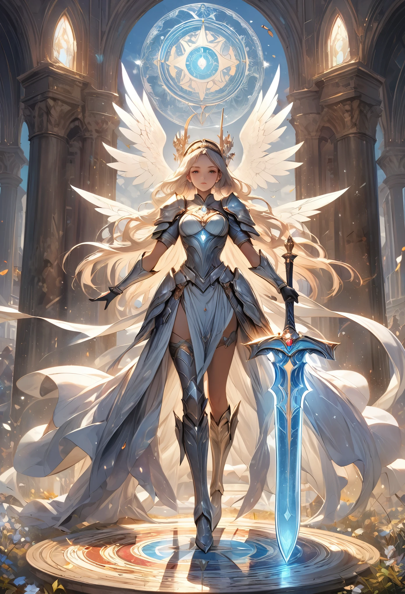 8K resolution, masterpiece, Highest quality, Award-winning works, unrealistic, sole sexy lady, healthy shaped body, 25 years old, white wavy long hair, hair band, big firm bouncing bust, ancient roman military commander's armor, Pure white armor with a complex structure, royal coat of arms, Hold up Excalibur with both hands, elegant, Very detailed, Digital Painting, artステーション, コンセプトart, Smooth, Sharp focus, shape, artジャム、Greg Rutkowski、Alphonse Mucha、William Adolphe Bouguereau、art：Stephanie Law , Magnificent royal background, Royal Jewel, nature, Full Shot, Symmetric, Greg Rutkowski, Charlie Bowwater, beep, Unreal 5, Surreal, Dynamic Lighting, ファンタジーart, Complex colors, Colorful magic circle, flash,  dynamic sexy poses