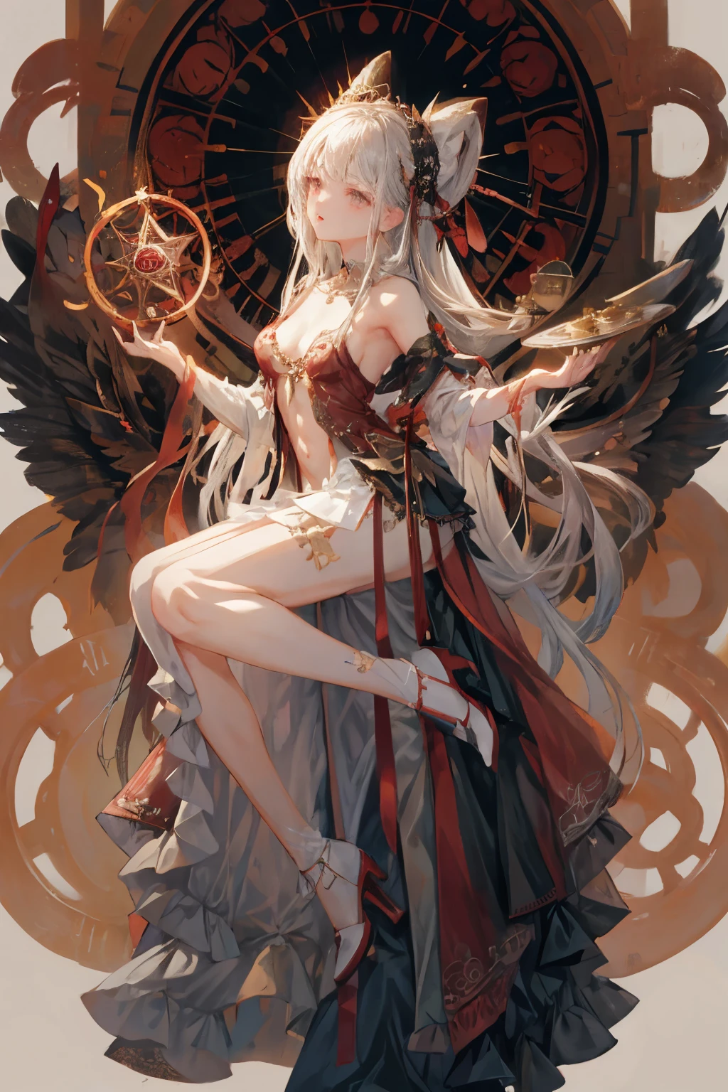  ((best quality)), ((masterpiece)), (detailed), 1girl, Character design, scholarly  female, scholar, female scholar, educator, teacher, fortune teller, palm reader, astrology, astrological symbolism, star reading, celestrial theme, heavens, heavens above, constellations, dynamic poses, long white grey hair, grey white eyes, very skinny, detailed, best quality, no accesoires around the neck, no shoes, prominent collarbones, skinny arms, flat stomach, visible hip bones, full body, blank white background, plain background, white background, red and white clothing, Bloodborne inspired, occult aesthetic, occult, detailed and intricate steampunk and detailed gothic, NSFW, Fluttering lace flared long knee length dress with frilly petticoats, knee length dress, pleated petticoats, petticoats gothic, complex lace boots, gothic aesthetic, wielding a mighty sword with mechanical components, mandalas, small breasts, a fairy, various different types of insect wings, beetle wings, NSFW, full body, whole body, body, chains, 