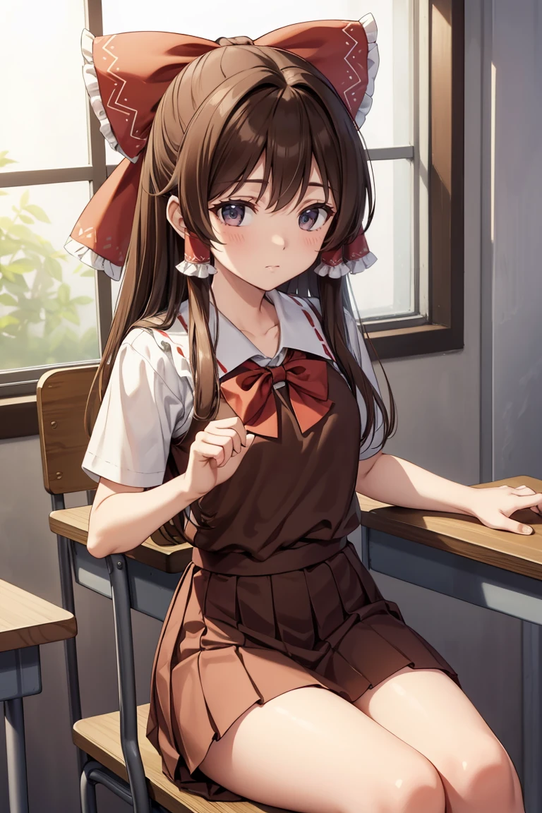 Reimu Hakurei, (Brown eyes:1.5), Brown Hair, bow, hair bow, Hair Tube, Long Hair, red bow, Side Lock, (((Slender body)))、(Girls' School Uniform)、classroom、Sit on a chair - Cowboy shot,Smile Break (masterpiece:1.2), Highest quality, High resolution, unity 8k wallpaper, (figure:0.8), (Beautiful attention to detail), Highly detailed face, Perfect lighting, Highly detailed CG, (Perfect hands, Perfect Anatomy)