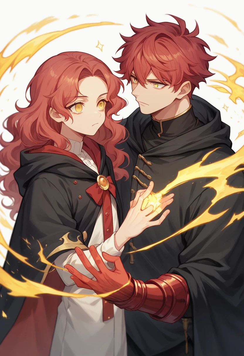 anime boy wearing a black hooded cloak, long black dense wavy hair, gold eyes, holding with his 2 hands a crimson sword and golden energy, 4k, anime