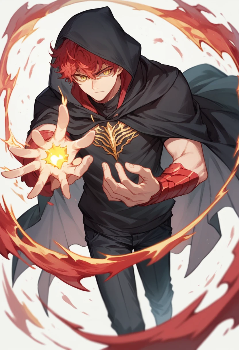 anime boy wearing a black hooded cloak, long black dense wavy hair, gold eyes, holding with his 2 hands a crimson sword and golden energy, 4k, anime