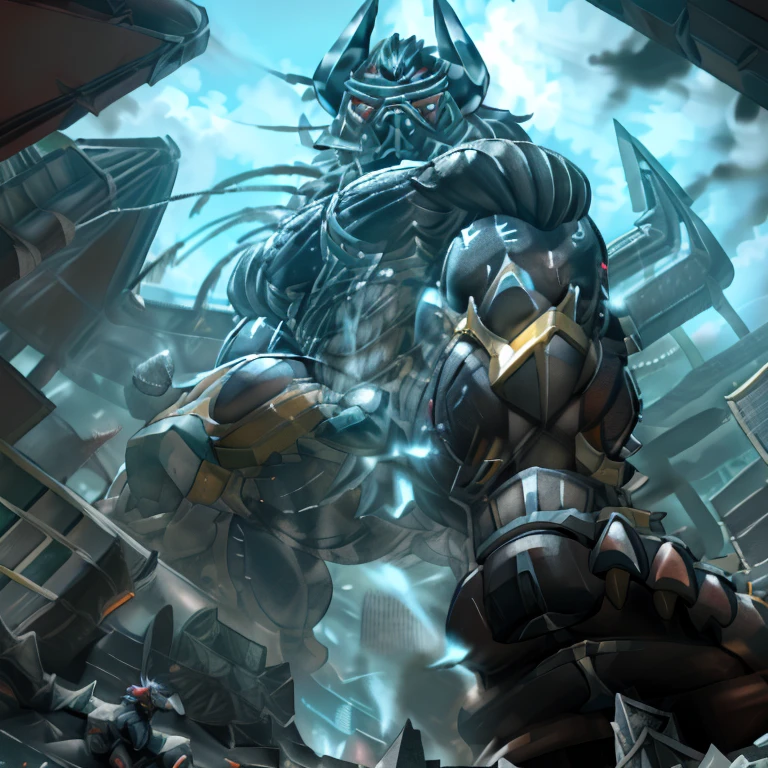 (masterpiece. official art. 8k. best quality. detailed full body. full body.)
(situation 1 : dominating demon lord dragon batzz. focus Colossus mechanical Muscular demon lord dragon batzz is trampling the CITY. macro. stomp. Low-angle perspective. emphasizing the immense size. The perspective is from below, emphasizing the sheer majesty and power of the Colossus. Colossus art. He is much bigger than a skyscraper. Giga Colossuss. micro soccer field. looking down.)

(situation 2 :smoke and flames rising from the destruction in the city)

(Additional details 1: wearing a full-face helmet. helmet is jet black. The color of NANOSUIT is jet black. high-tech bio-mecha armor. real texture material. whole body shines like metal. Wearing cyberpunk mecha. emphasizes the muscles. suit fully made of metal. intricate armor. Robotic suit. suit fully made of metal. NANOSUIT with the same design as demon lord dragon batzz.). (demon lord dragon batzz has 5 toes.)

(Additional details 2: (Detailed head. Detailed Body. Detailed abs. gigantic muscles. HYPER MUSCLES. Gigachad Muscular. big muscle. pecs. triceps. traps. unusually developed muscular body. body full of huge muscles. showing off muscles. pectorales enormes. Exaggeratedly huge muscles. huge muscles. long legs.).

(Additional details 3: nj5furry, Spread wings. It has wings. black have big wings. The claws are sharp. Sharp teeth.5 toes.). 
