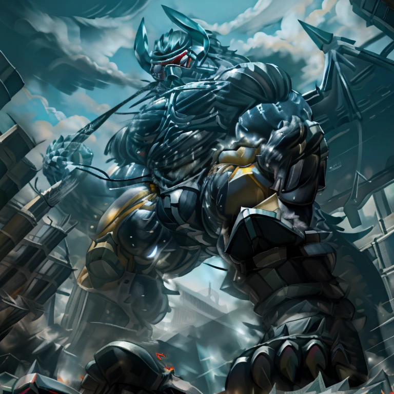 (masterpiece. official art. 8k. best quality. detailed full body. full body.)
(situation 1 : dominating demon lord dragon batzz. focus Colossus mechanical Muscular demon lord dragon batzz is trampling the CITY. macro. stomp. Low-angle perspective. emphasizing the immense size. The perspective is from below, emphasizing the sheer majesty and power of the Colossus. Colossus art. He is much bigger than a skyscraper. Giga Colossuss. micro soccer field. looking down.)

(situation 2 :smoke and flames rising from the destruction in the city)

(Additional details 1: wearing a full-face helmet. helmet is jet black. The color of NANOSUIT is jet black. high-tech bio-mecha armor. real texture material. whole body shines like metal. Wearing cyberpunk mecha. emphasizes the muscles. suit fully made of metal. intricate armor. Robotic suit. suit fully made of metal. NANOSUIT with the same design as demon lord dragon batzz.). (demon lord dragon batzz has 5 toes.)

(Additional details 2: (Detailed head. Detailed Body. Detailed abs. gigantic muscles. HYPER MUSCLES. Gigachad Muscular. big muscle. pecs. triceps. traps. unusually developed muscular body. body full of huge muscles. showing off muscles. pectorales enormes. Exaggeratedly huge muscles. huge muscles. long legs.).

(Additional details 3: nj5furry, Spread wings. It has wings. black have big wings. The claws are sharp. Sharp teeth.5 toes.). 