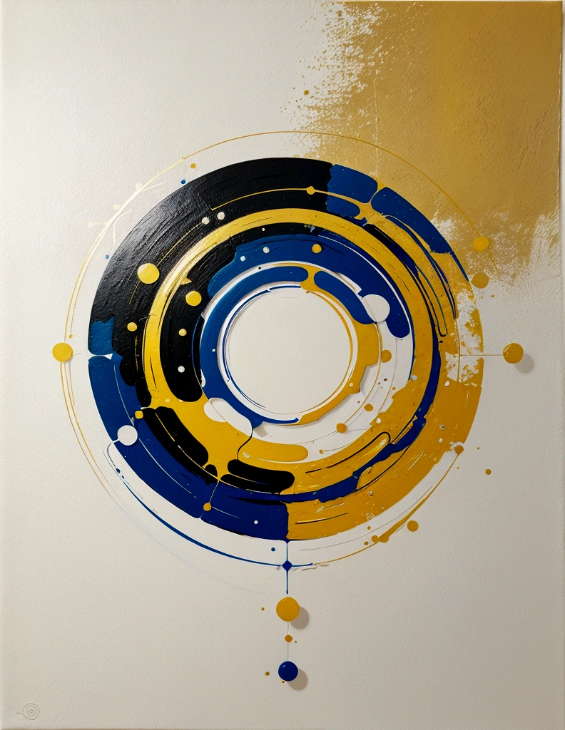 modern abstract painting, Golden, blue,yellow, Round asymmetrical abstract graphics, harmonious colors, major, high quality, Brushstrokes, balanced composition