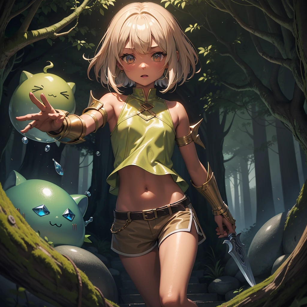 最high quality、high quality、Simple Cloth Armor、Chibi Girl Adventurer、Descend the maze stairs、brown shorts、Equipped with a dagger and a shield、In a dark maze、The body is being swallowed by slime
