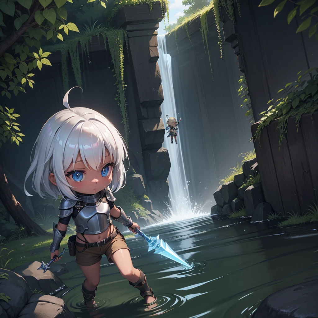 最high quality、high quality、Simple Cloth Armor、Chibi Girl Adventurer、Descend the maze stairs、brown shorts、Equipped with a dagger and a shield、In a dark maze、The body is being swallowed by slime