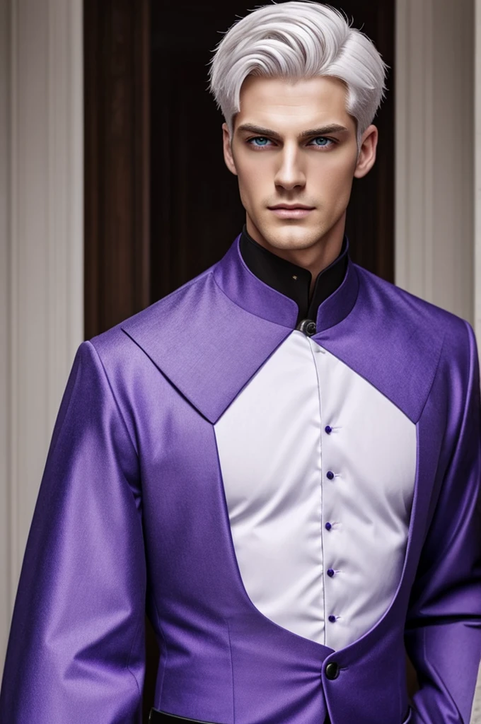 a male duke, short white hair, violet eyes, tall, handsome, good-looking, sharp features, serious