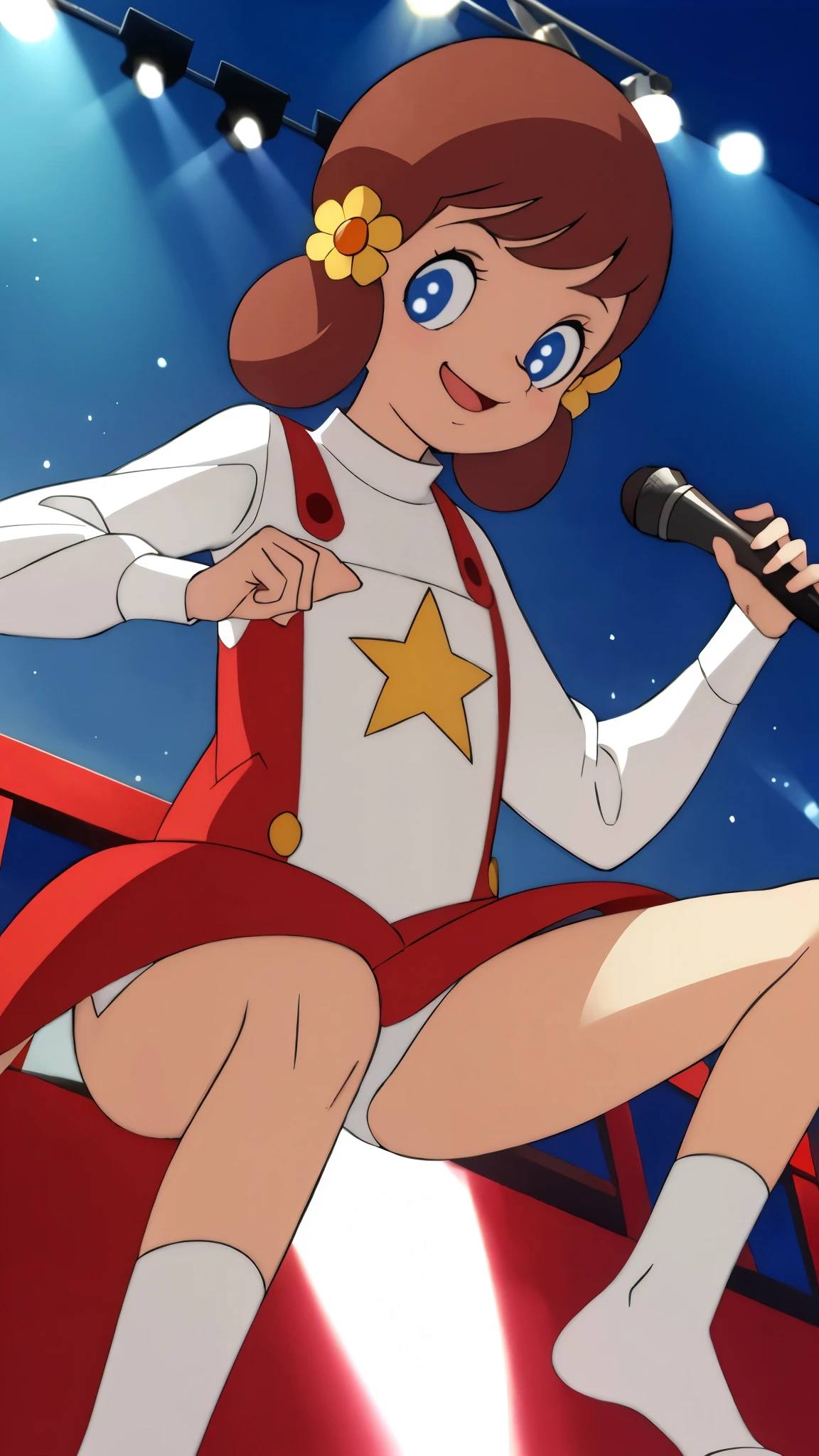 masterpiece, best quality, solo, 1girl,
chappy,Laughing with mouth open、
Dance on live stage、In the spotlight、Raise your legs、A dynamic figure、パンティが見える、