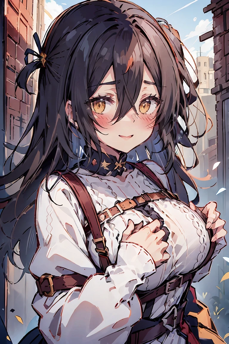 (masterpiece:1.2), (high quality:1.2), (hui xiyi:0.75), rekkyo sensen, rekkyou sensen, girls with((black hair, (tits cleavage:1.15), (waving is hands:1.2), (breasts close up:1.15), (suspenders:1.2), (dress:0.65), (blue clothes:1.05), (belts:0.7), (frills shirt:1.2), (white knit sweater:1.2), camisole, exposed breasts, straps, (cross:1.05), upper body, (long wavy hair:1.35), (one side up:1.55), nun, long sleeves, (both hands:1.15), (perfect hands:1.05), (five fingers:1.05))), background with((fantasy world, ruin, castle, beautiful sky, shining sky, sunshine))