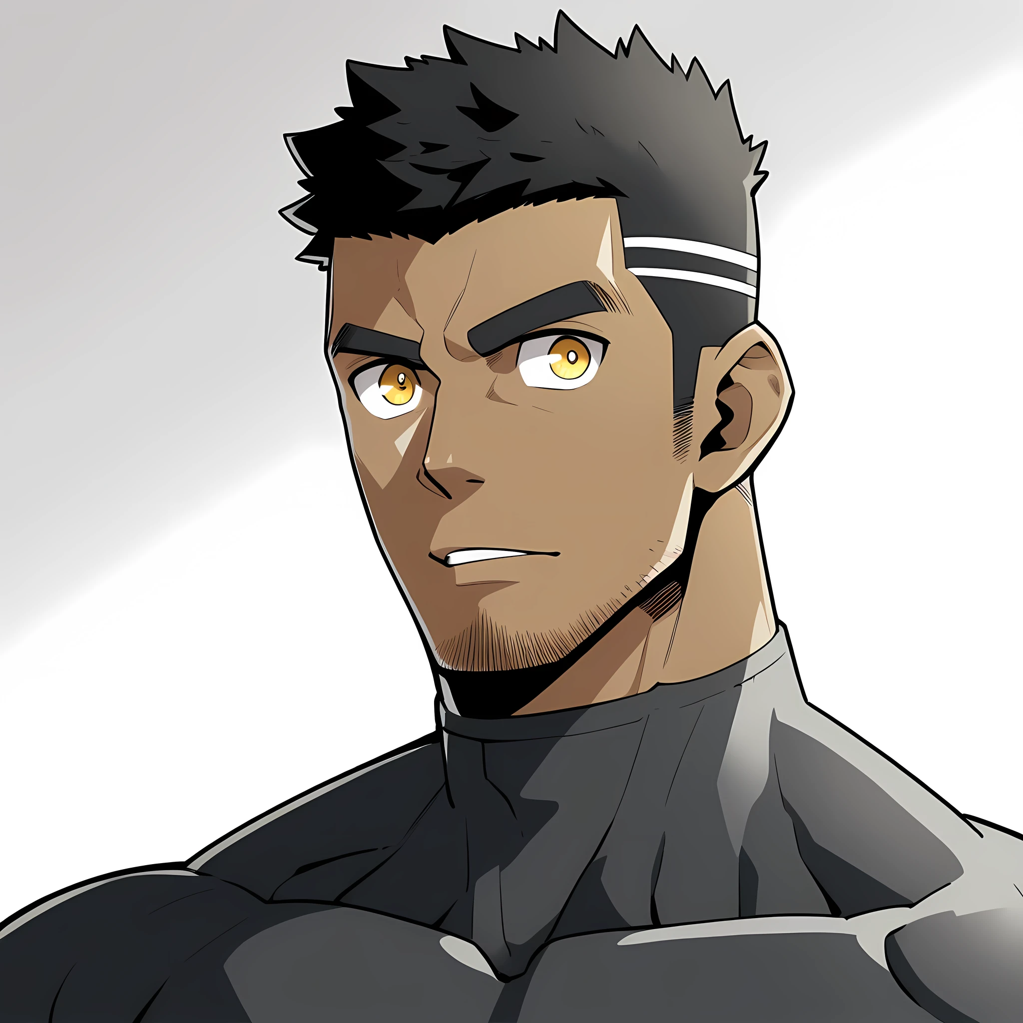 one negro, anime characters：Gyee, Hibino Kafka, One Muscle Sports Student, negro black skin, Very Black, muscular tough guy, Manliness, male focus, Grey long sleeve turtleneck tight t-shirt, Regular symmetrical pattern, Very tight, muscular male, muscular, only, Upper body, alone, Black short hair, Thick eyebrows, stubble, Yellow eyes, White background, simple background, amazing quality, best aesthetics, Ridiculous, bright pupils, crew cut, parted lips, embarrassed, best quality