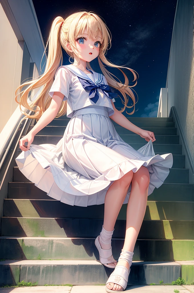 One Girl, Highest quality、Cinematic lighting、Sailor suit、Long skirt、 going up the stairs、White panties、Station stairs、