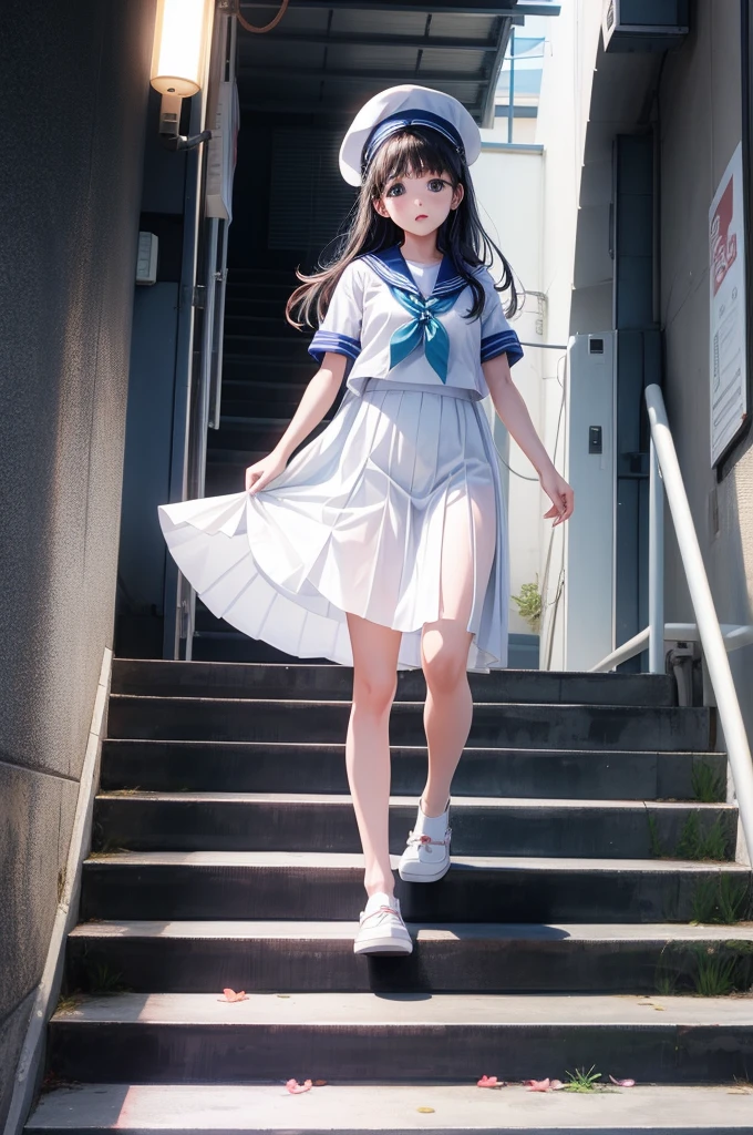 One Girl, Highest quality、Cinematic lighting、Sailor suit、Long skirt、 going up the stairs、White panties、Station stairs、