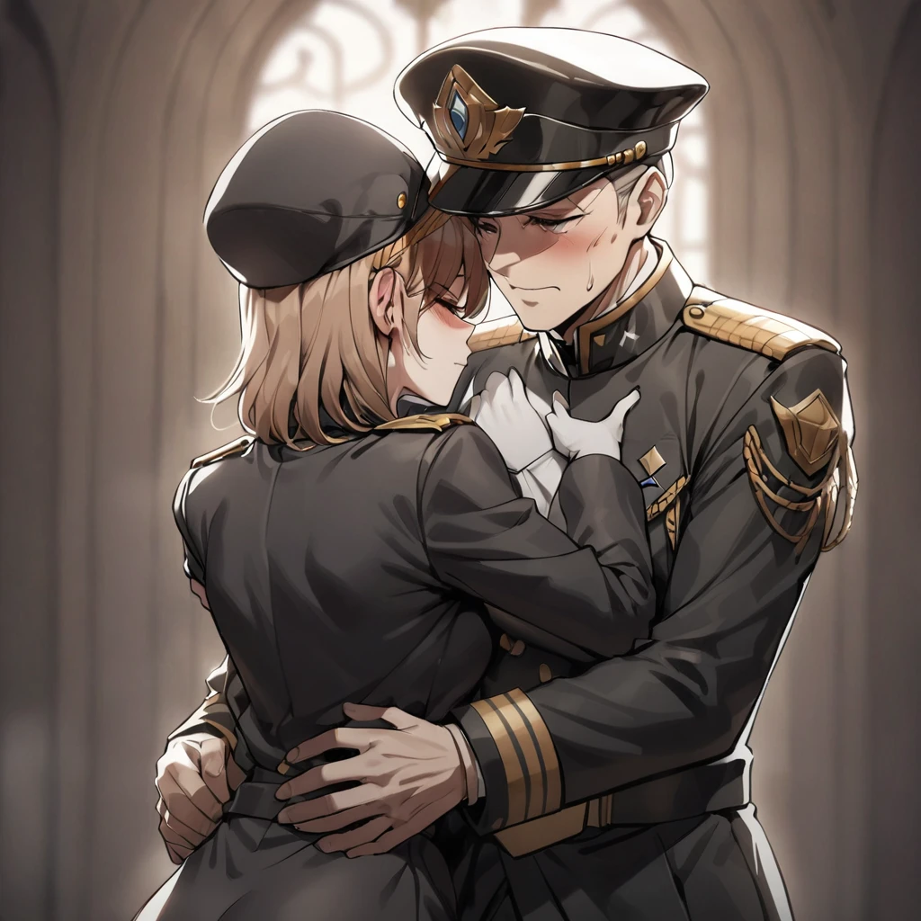 ((Highest quality)), ((masterpiece)), (detailed), (Perfect Face)、The woman is Princess Leona, with medium-long light brown hair, wearing a black military uniform and a military cap, and is standing upright with good posture while being hugged and kissed by an elderly general.、Women are brainwashed, expressionless, and have no highlights in their eyes.