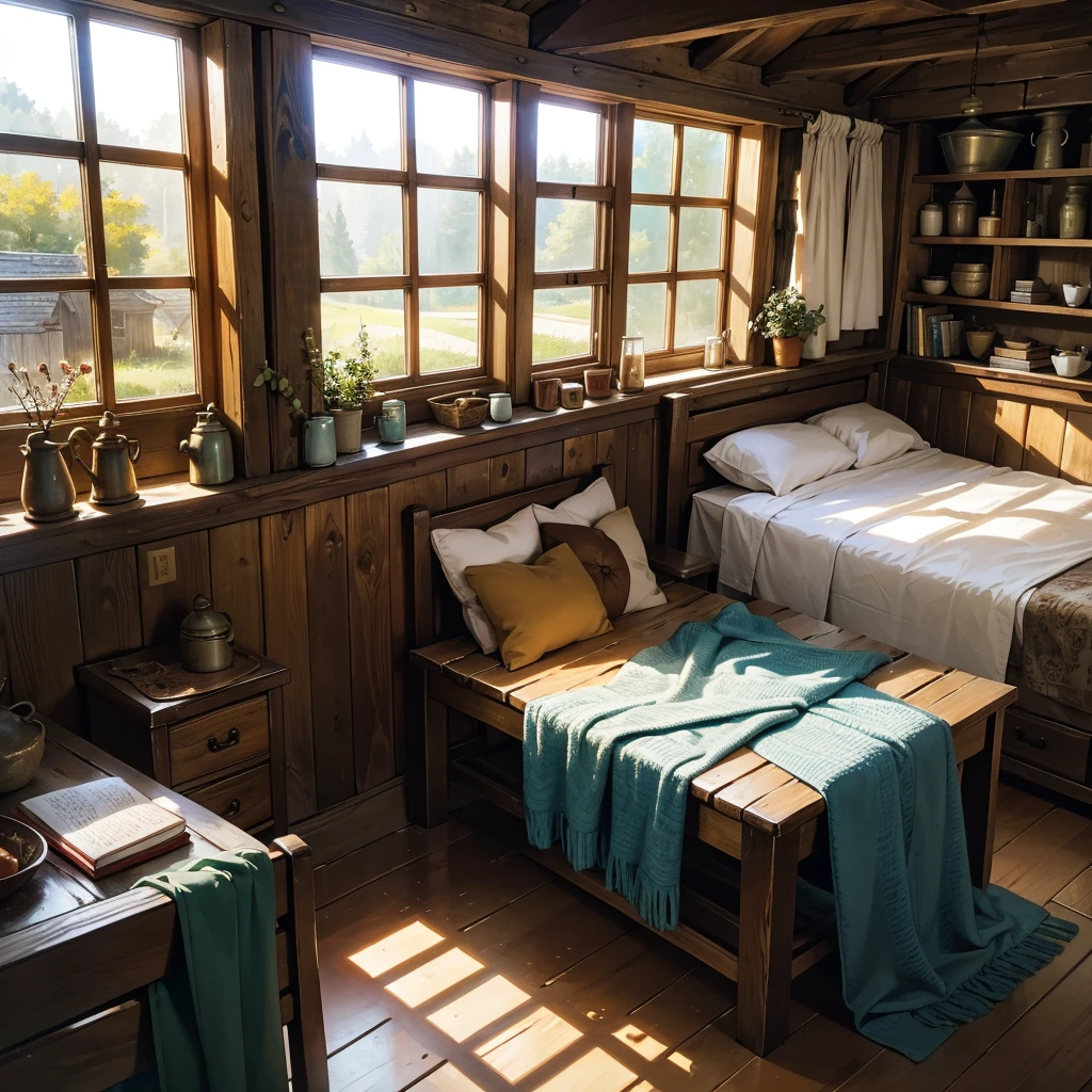 Visualize a weathered leather-bound book lying open on a sturdy wooden table within a cozy, small medieval cottage. Sunlight filters through a small, leaded glass window, casting a warm glow on the pages filled with faded ink and meticulous script. The cottage is adorned with simple furnishings—a rough-hewn chair, a woolen blanket draped over a wooden bench, and shelves stacked with worn volumes and earthenware jars. Outside, the gentle rustling of leaves and distant sounds of village life add to the serene atmosphere. Capture the intimate charm and sense of quiet contemplation in this rustic setting, where the ancient wisdom and tales within the book seem to echo the timeless rhythm of everyday medieval life."