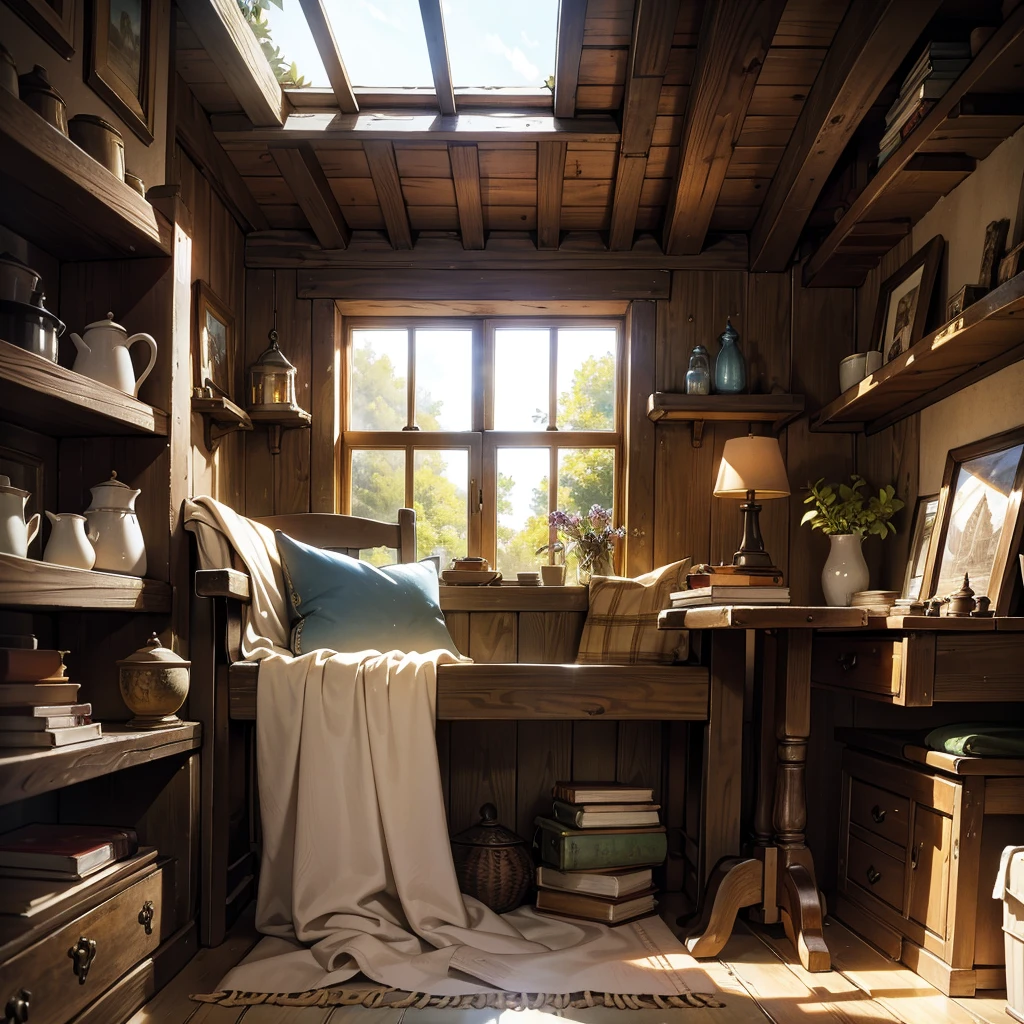 Visualize a weathered leather-bound book lying open on a sturdy wooden table within a cozy, small medieval cottage. Sunlight filters through a small, leaded glass window, casting a warm glow on the pages filled with faded ink and meticulous script. The cottage is adorned with simple furnishings—a rough-hewn chair, a woolen blanket draped over a wooden bench, and shelves stacked with worn volumes and earthenware jars. Outside, the gentle rustling of leaves and distant sounds of village life add to the serene atmosphere. Capture the intimate charm and sense of quiet contemplation in this rustic setting, where the ancient wisdom and tales within the book seem to echo the timeless rhythm of everyday medieval life."