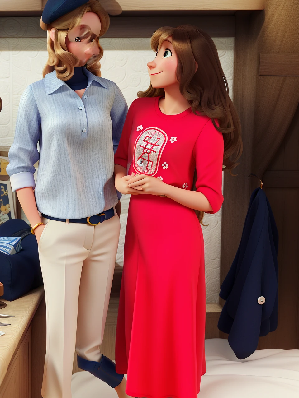 45 year old woman,white,eyes browns, straight wavy golden blonde hair,long ponta fallen nose,seducing smile,wearing a navy blue high-neck blouse,high resolution image, Disney pixar style 