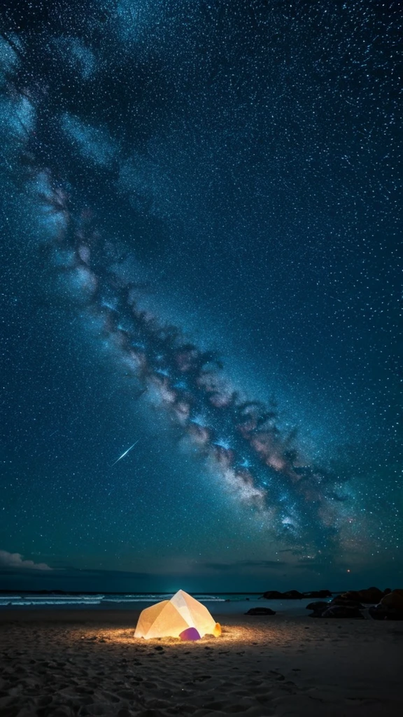 Starry sky on the dreamy beach, A piece of colorful fluorescent crystal pebbles sparkles, The surrounding seven-colored crystal star stones emit sparkling light, Glowing organisms, Colorful, Crystal clear, Sparkling, Very pretty., Smooth and delicate, Opal luminous, 8K ultra high definition, Ultra wide angle, anaglyph, stereogram, bloom, reflection light, vanishing point, Tonalism