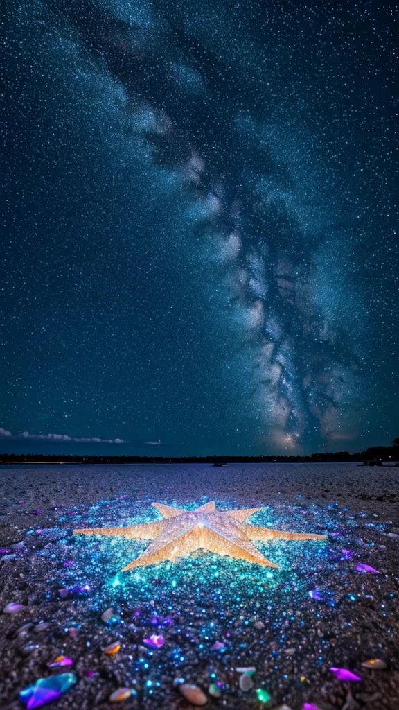 Starry sky on the dreamy beach, A piece of colorful fluorescent crystal pebbles sparkles, The surrounding seven-colored crystal star stones emit sparkling light, Glowing organisms, Colorful, Crystal clear, Sparkling, Very pretty., Smooth and delicate, Opal luminous, 8K ultra high definition, Ultra wide angle, anaglyph, stereogram, bloom, reflection light, vanishing point, Tonalism