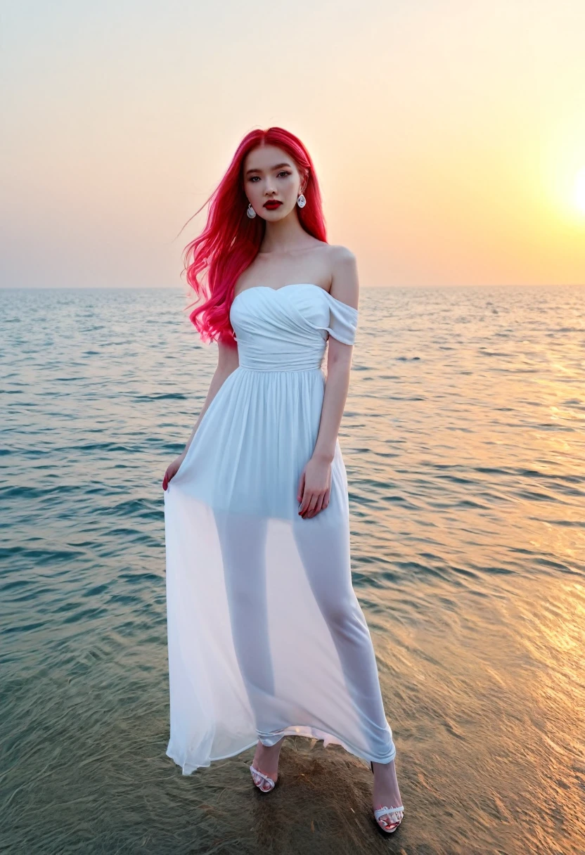 beautiful woman with long hair,hair styled, ((top quality、8k、Masterpiece:1.3))、Extremely delicate and beautiful girl,full-body shot,, H cup, Bandeau maxi dress,sunset,sunset。 Wear big earrings,Very white skin,moist red lips, Reveal a little,White and smooth skin,Smooth and fair skin,flawless skin,Fair and shiny skin,cold white skin, bright light, long pink hair, wide angle shot