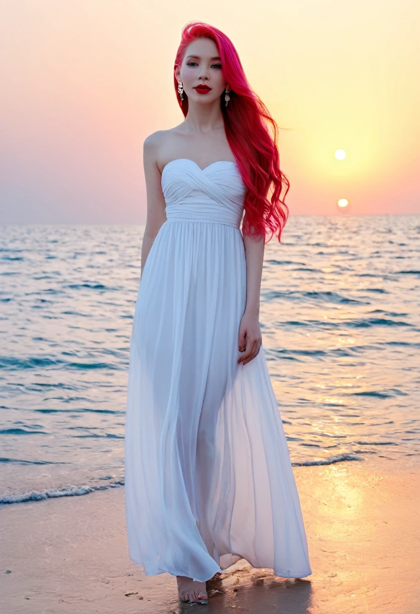 beautiful woman with long hair,hair styled, ((top quality、8k、Masterpiece:1.3))、Extremely delicate and beautiful girl,full-body shot,, H cup, Bandeau maxi dress,sunset,sunset。 Wear big earrings,Very white skin,moist red lips, Reveal a little,White and smooth skin,Smooth and fair skin,flawless skin,Fair and shiny skin,cold white skin, bright light, long pink hair, wide angle shot