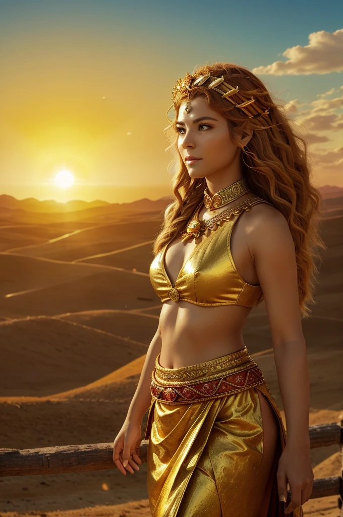 Once upon a time, in a land where gods walked among men, there existed a mighty god named Solara, the deity of the sun. Solara's radiance brought light, warmth, and life to the world below. Every morning, she would rise from the eastern horizon, her golden chariot drawn by fiery horses, spreading dawn's first light across the land.