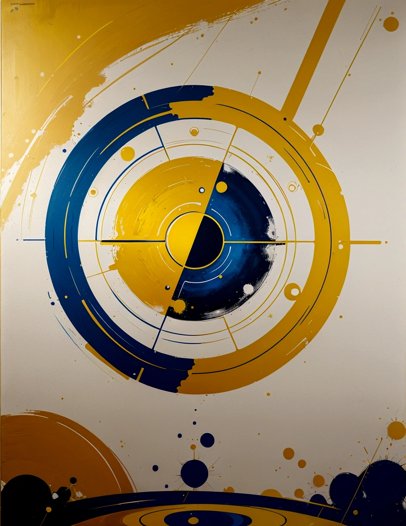 modern abstract painting, Golden, blue,yellow, Round asymmetrical abstract graphics, harmonious colors, major, high quality, Brushstrokes, balanced composition