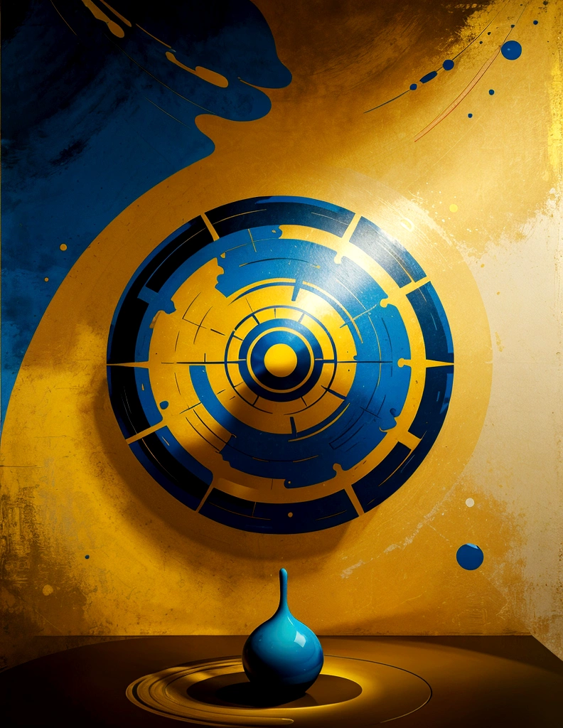 modern abstract painting, Golden, blue,yellow, Round asymmetrical abstract graphics, harmonious colors, major, high quality, Brushstrokes, balanced composition