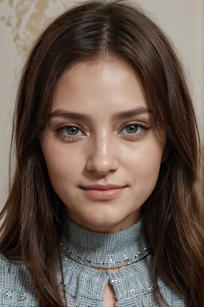 Créer une image d'une jeune fille avec de beaux cheveux bruns, des yeux captivants et un visage attrayant. Les traits de son visage doivent être harmonieux, avec un sourire doux et charmant. Ses cheveux doivent être longs et brillants, encadrant délicatement son visage. Les yeux doivent être expressifs, de préférence avec une couleur riche et profonde. L'ensemble de son apparence doit dégager une beauté naturelle et une aura de gentillesse avec une peau pas trop clair