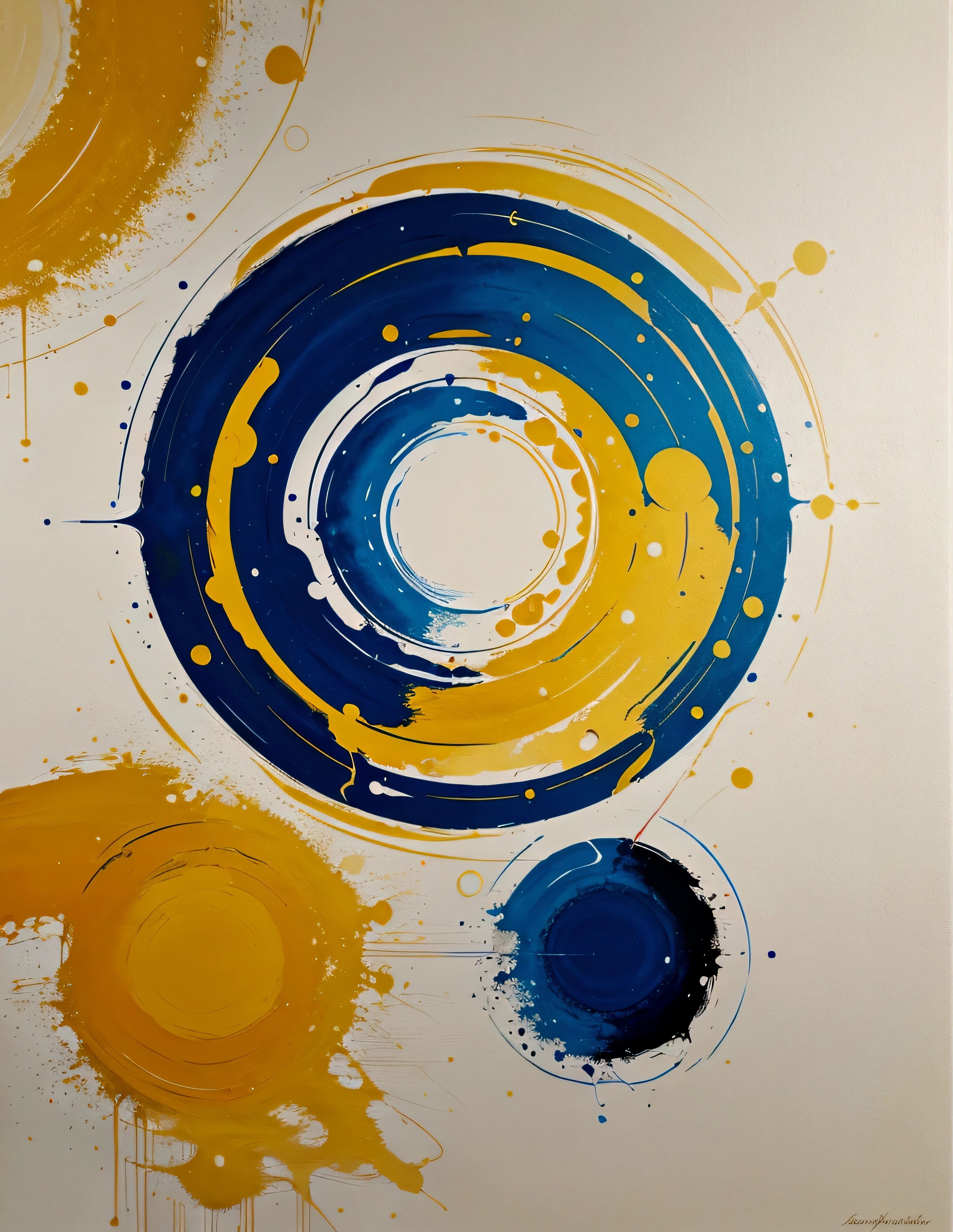 modern abstract painting, Golden, blue,yellow, Round asymmetrical abstract graphics, harmonious colors, major, high quality, Brushstrokes, balanced composition