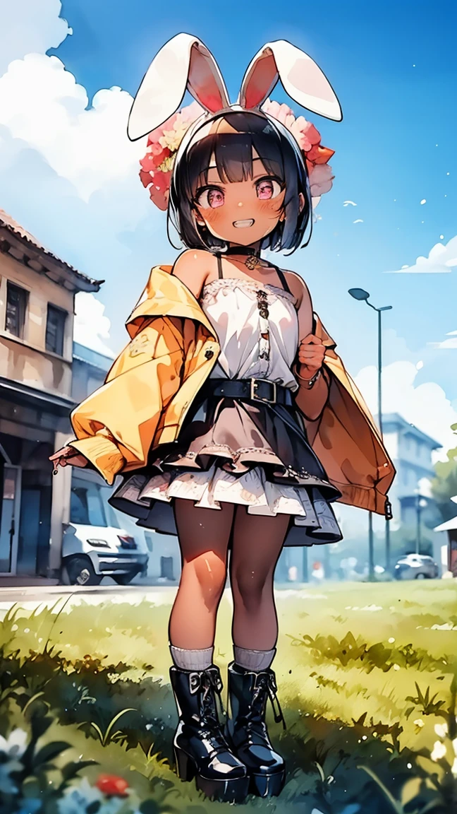 (8k, RAW photo, best quality, masterpiece, highres, absurdres, ultra detailed:1.3), (Photography, realistic, photo-realistic:1.4), (beautiful natural lighting, beautiful deatailed shadow, beautiful detailed glow :1.4), atmospheric, (chibi,full body:1.6).
BREAK 1 beautiful ????? girl,alone,(cute:1.5),(Chibi:0.8),(kawaii1.5),(Loli:1.5),(????? girl, cute, full of energy, change face,slightly swollen chest),(black hair, messy short bob, story me, pink eyes:1.55 ),(full of energy, goofy smile, bad face:1.2),(white bunny ears headband:1.2),(smile,shine tooth:1.45), (dark skin, tanned skin,:1.45),
BREAK //Character 1girl, BREAK //Fashions BREAK (black and yellow theme:1.4), ((japanese idol costume with bee motif, punk and fancy style):1.2), (roll-up sleeves Latex black closed jacket with yellow bellied lapel:1.4), (zip-up:1.5), (costume divided into tops and bottoms:1.3), (collarbone:1.3), (crazy amount of buttons and needles:1.2), (yellow (eyelet belt, grommet belt):1.3), (yellow (See-through tulle skirt, tulle Layered mini skirt) with ruffles:1.3), (fancy over-knee-socks with black and yellow striped pattern:1.4), (black high platform boots with lace-up:1.2), (choker with silver needles:1.3), (bangle with silver needles:1.3), (Cute logo with a bee motif on jacket:1.2),
BREAK ,(Mediaeval Europe, ancient Greece, ancient Rome, ancient Aztecs, towns, cafes, nature, moss, wariza,flowers, two stories, ultra detail:1.4),((spectacular view:1.2))
BREAK wakame,wakame,wakame,(cowboy shot, from below:1.4),
BREAK manga illustration,manga style,
