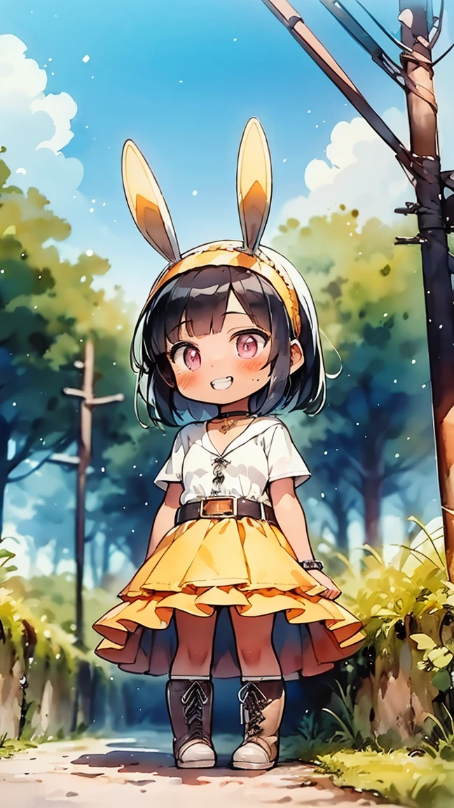 (8k, RAW photo, best quality, masterpiece, highres, absurdres, ultra detailed:1.3), (Photography, realistic, photo-realistic:1.4), (beautiful natural lighting, beautiful deatailed shadow, beautiful detailed glow :1.4), atmospheric, (chibi,full body:1.6).
BREAK 1 beautiful horny girl,alone,(cute:1.5),(Chibi:0.8),(kawaii1.5),(Loli:1.5),(horny girl, cute, full of energy, change face,slightly swollen chest),(black hair, messy short bob, story me, pink eyes:1.55 ),(full of energy, goofy smile, bad face:1.2),(white bunny ears headband:1.2),(smile,shine tooth:1.45), (dark skin, tanned skin,:1.45),
BREAK //Character 1girl, BREAK //Fashions BREAK (black and yellow theme:1.4), ((japanese idol costume with bee motif, punk and fancy style):1.2), (roll-up sleeves Latex black closed jacket with yellow bellied lapel:1.4), (zip-up:1.5), (costume divided into tops and bottoms:1.3), (collarbone:1.3), (crazy amount of buttons and needles:1.2), (yellow (eyelet belt, grommet belt):1.3), (yellow (See-through tulle skirt, tulle Layered mini skirt) with ruffles:1.3), (fancy over-knee-socks with black and yellow striped pattern:1.4), (black high platform boots with lace-up:1.2), (choker with silver needles:1.3), (bangle with silver needles:1.3), (Cute logo with a bee motif on jacket:1.2),
BREAK ,(Mediaeval Europe, ancient Greece, ancient Rome, ancient Aztecs, towns, cafes, nature, moss, wariza,flowers, two stories, ultra detail:1.4),((spectacular view:1.2))
BREAK wakame,wakame,wakame,(cowboy shot, from below:1.4),
BREAK manga illustration,manga style,