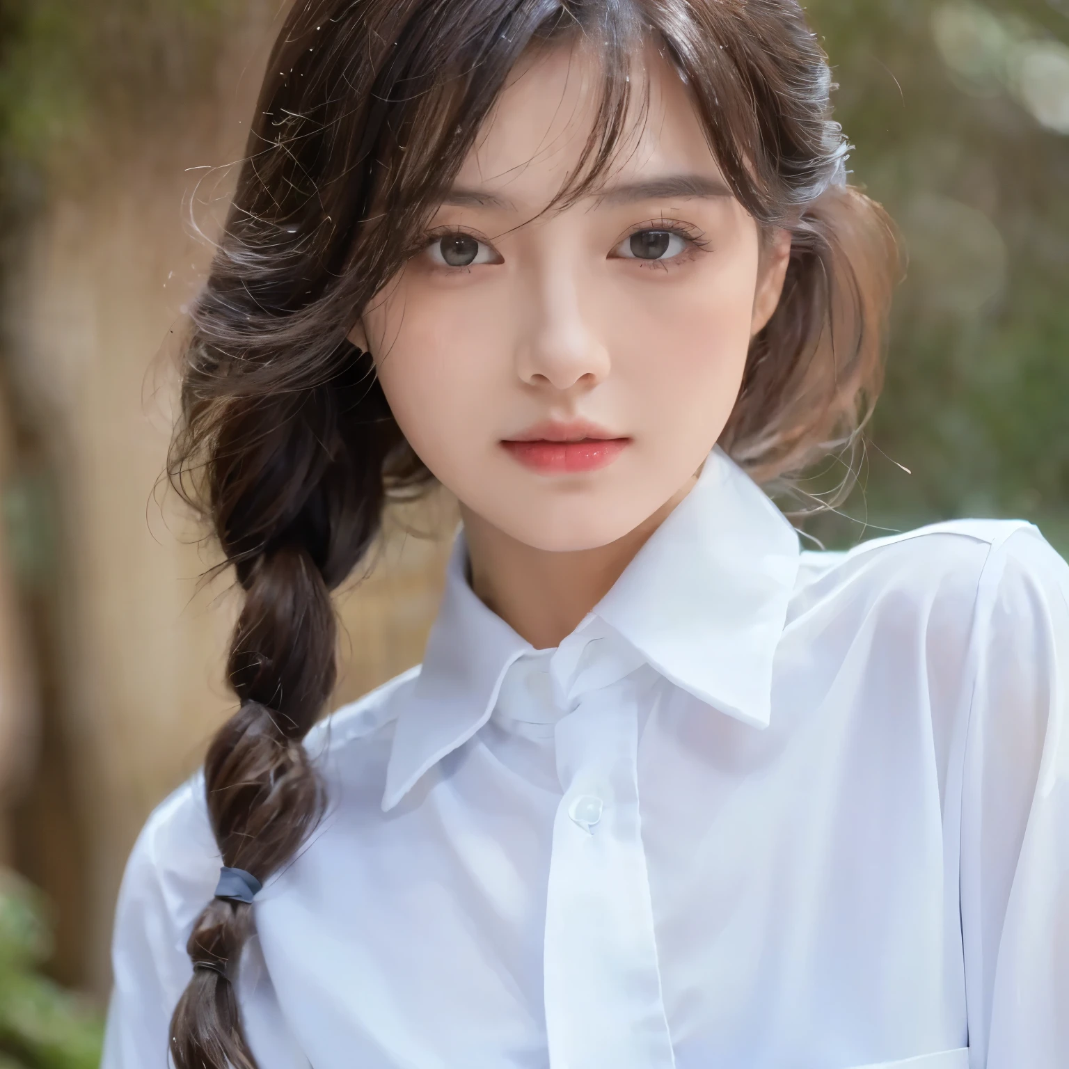 ((best quality, 8K, masterpiece: 1.3)), sharp: 1.2, perfect body beauty: 1.4, slim abs: 1.2, ((layered hairstyle,)), (Wet White Button Long Shirt: 1.1), Highly detailed face and skin texture, good eyes, double eyelid, Profile looking at camera,Japanese