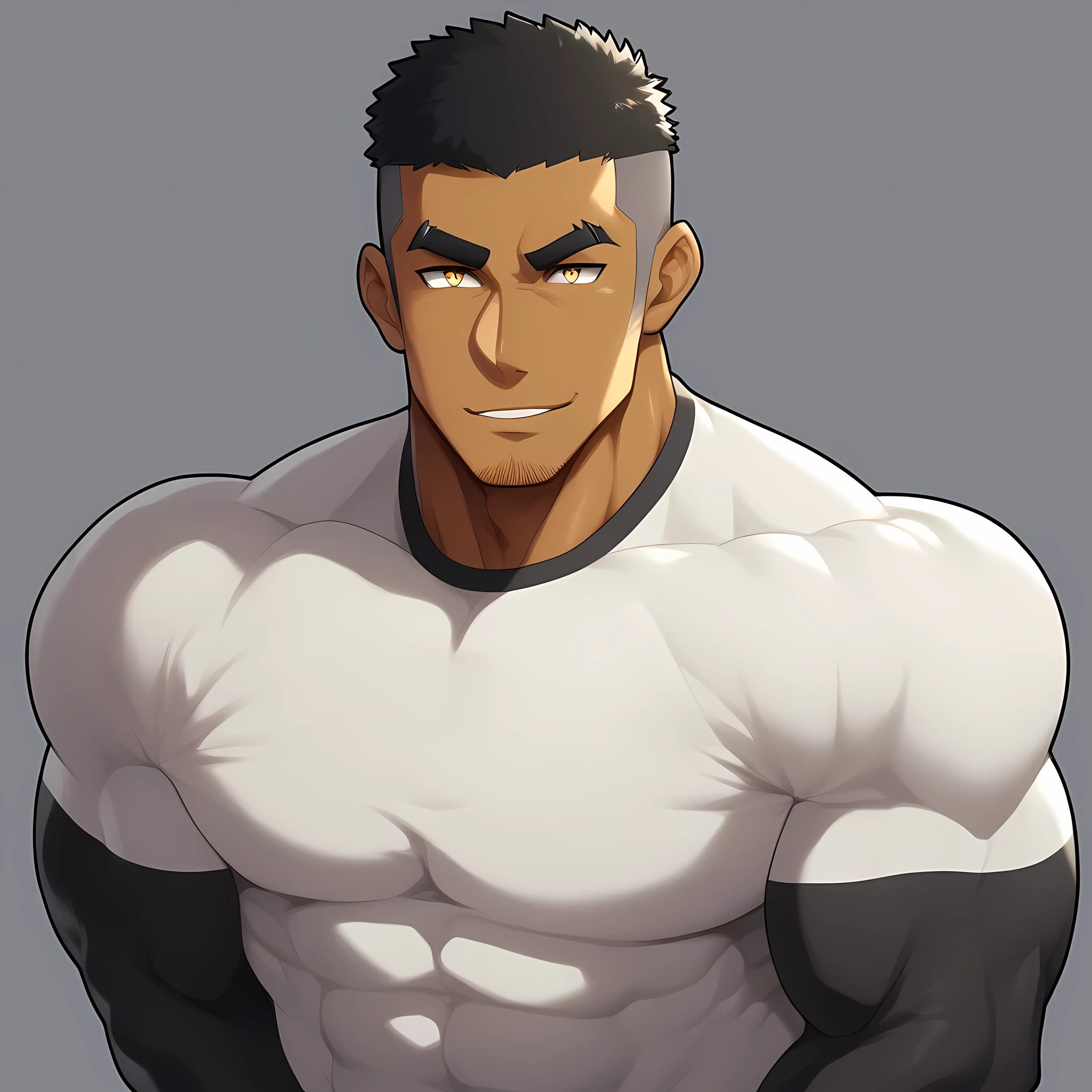 negro, negro, negro, anime characters：Gyee, Muscle Sports Student, negro black skin, 1 muscular tough guy, Manliness, male focus, Dark grey and Yellow long sleeve tights, Very tight, The pectoral muscles are oversized, Slightly transparent, muscular male, muscular, only, Upper body, alone, Black short hair, Thick eyebrows, stubble, Yellow eyes, White background, simple background, amazing quality, best aesthetics, Ridiculous, bright pupils, crew cut, parted lips, seductive smile, torogao, naughty face, drop shadow, best quality