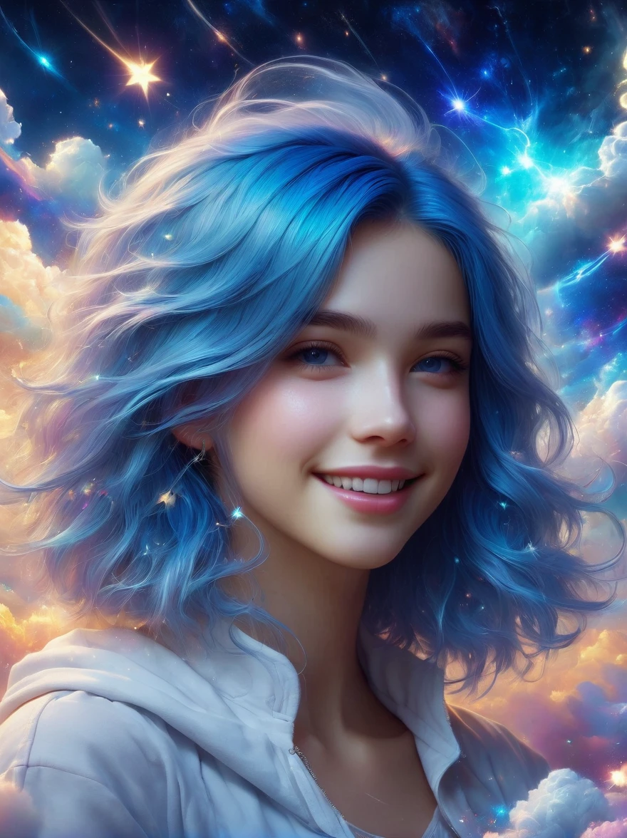 1xknh1, masterpiece, best quality, Aesthetic, fantasy, illusion, 1 Girl, Solitary, a photo of a cute girl, Detailed face, Relaxed smile, charming, Asymmetrical hair, Swaying hair, Electric blue hair, glow, cloud, Colorful sky, Star, shattered, Space style, Vortex Magic Style, Silva Magic Style, legendary, outstanding, Beautifully, elegant, luxury, Creative