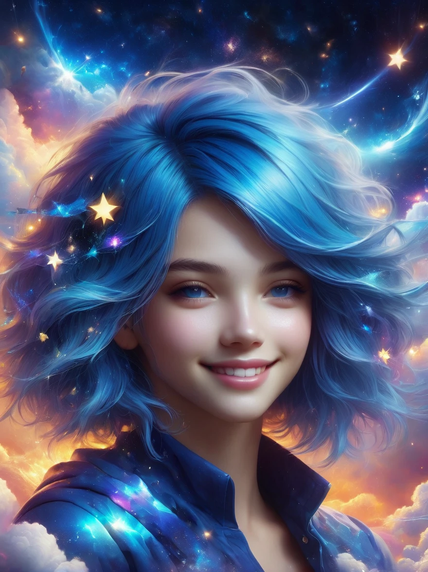 1xknh1, masterpiece, best quality, Aesthetic, fantasy, illusion, 1 Girl, Solitary, a photo of a cute girl, Detailed face, Relaxed smile, charming, Asymmetrical hair, Swaying hair, Electric blue hair, glow, cloud, Colorful sky, Star, shattered, Space style, Vortex Magic Style, Silva Magic Style, legendary, outstanding, Beautifully, elegant, luxury, Creative
