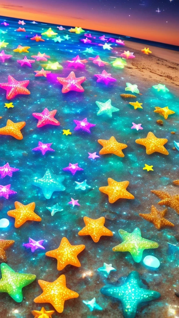 Starry sky on the dreamy beach, A piece of colorful fluorescent crystal pebbles sparkles, The surrounding seven-colored crystal star stones emit sparkling light, Glowing organisms, Colorful, Crystal clear, Sparkling, Very pretty., Smooth and delicate, Opal luminous, 8K ultra high definition, Ultra wide angle, anaglyph, stereogram, bloom, reflection light, vanishing point, Tonalism