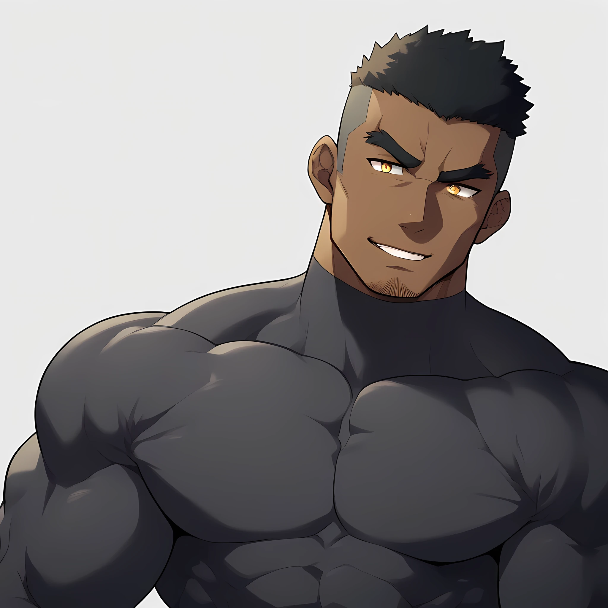 negro, negro, negro, anime characters:Gyee, Muscle Sports Student, negro black skin, 1 muscular tough guy, Manliness, male focus, Dark grey and Yellow long sleeve tights, Very tight, The pectoral muscles are oversized, Slightly transparent, muscular male, muscular, only, Upper body, alone, Black short hair, Thick eyebrows, stubble, Yellow eyes, White background, simple background, amazing quality, best aesthetics, Ridiculous, bright pupils, crew cut, parted lips, seductive smile, torogao, naughty face, drop shadow, best quality