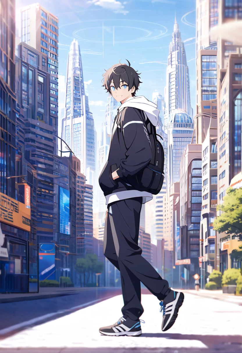 masterpiece,best quality,depth of field,8K,looking at the viewer,running shoes,black hair,blue eyes,afternoon,man,hands in pockets,smiling,alone,Handsome,(charismatic eyes 1:1),wseifuku,Black jacket over white hoodie,hooded,Future city,man,wearing a sports bag