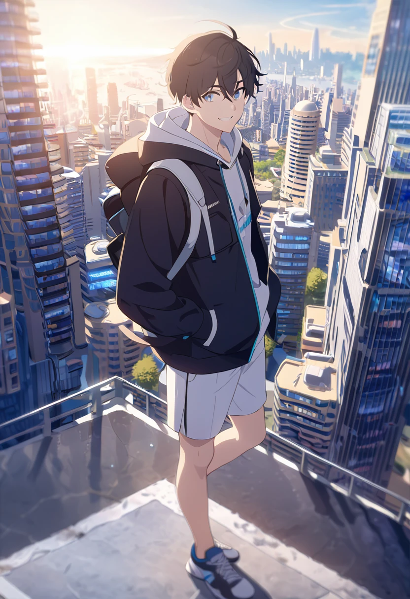 masterpiece,best quality,depth of field,8K,looking at the viewer,running shoes,black hair,blue eyes,afternoon,man,hands in pockets,smiling,alone,Handsome,(charismatic eyes 1:1),wseifuku,Black jacket over white hoodie,hooded,Future city,man,wearing a sports bag