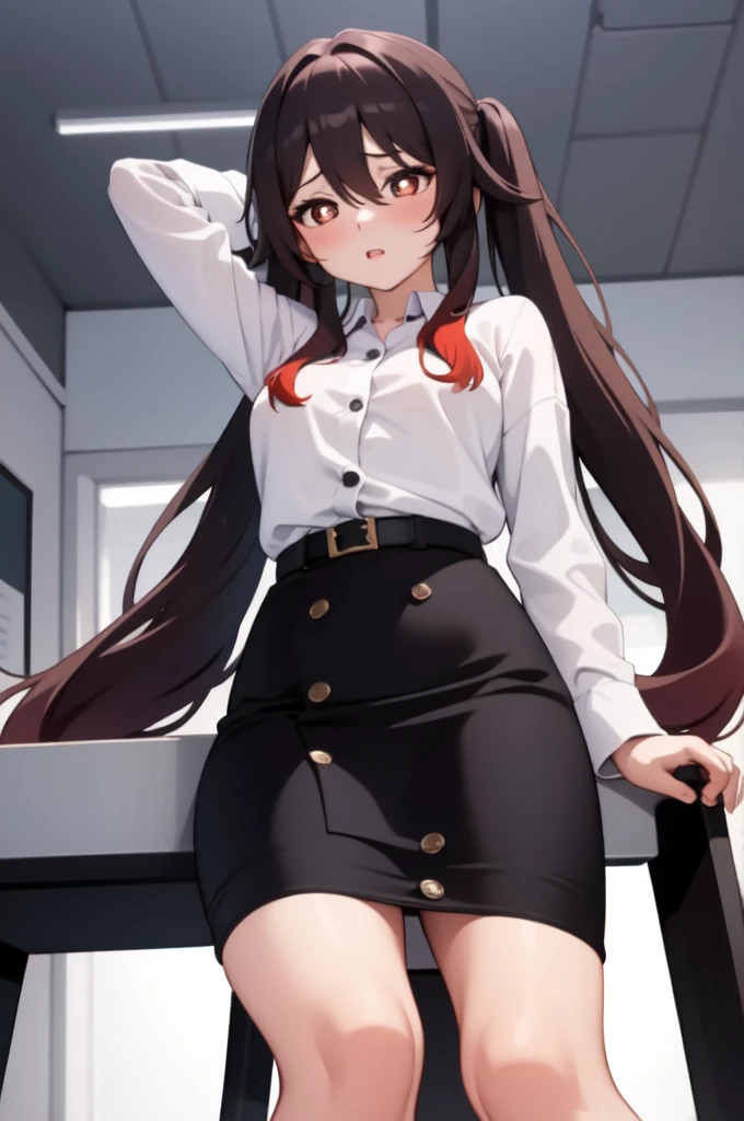 masterpiece, highest quality, Fu Tao V4, One girl, alone, look down, blush, Long Hair, Twin tails, Multicolored Hair, very Long Hair, Hair between the eyes, ((office lady, OL, Pencil Skirt, White shirt, Button gap)), ((From below)), ID card, office, machine, computer, Sitting in a chair, indoor, night, Leg spread,pubic hair