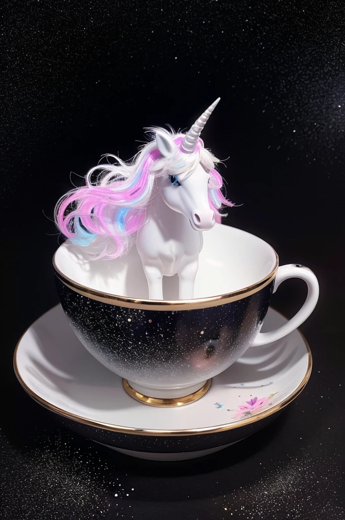 a whimsical caricature of a little white unicorn with a long, vivid fluorescent mane and tail, asleep in a decorated black and silver teacup, against a black background with a sprinkle of stardust around the unicorn