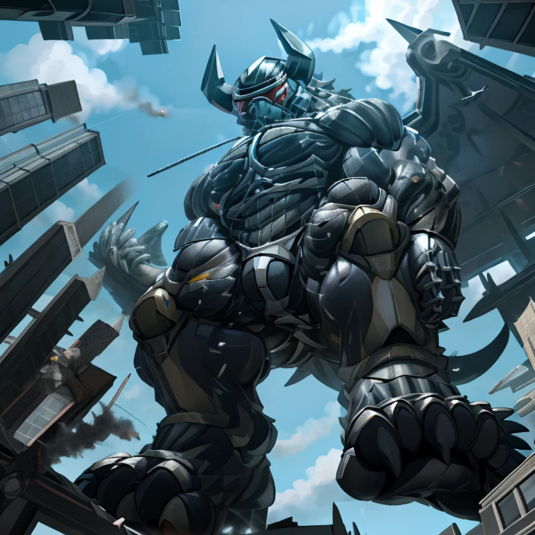 (masterpiece. official art. 8k. best quality. detailed full body. full body.)
(situation 1 : dominating demon lord dragon batzz. focus Colossus mechanical Muscular demon lord dragon batzz is trampling the CITY. macro. stomp. Low-angle perspective. emphasizing the immense size. The perspective is from below, emphasizing the sheer majesty and power of the Colossus. Colossus art. He is much bigger than a skyscraper. Giga Colossuss. micro soccer field. looking down.)

(situation 2 :smoke and flames rising from the destruction in the city)

(Additional details 1: wearing a full-face helmet. helmet is jet black. The color of NANOSUIT is jet black. high-tech bio-mecha armor. real texture material. whole body shines like metal. Wearing cyberpunk mecha. emphasizes the muscles. suit fully made of metal. intricate armor. Robotic suit. suit fully made of metal. NANOSUIT with the same design as demon lord dragon batzz.). (demon lord dragon batzz has 5 toes.)

(Additional details 2: (Detailed head. Detailed Body. Detailed abs. gigantic muscles. HYPER MUSCLES. Gigachad Muscular. big muscle. pecs. triceps. traps. unusually developed muscular body. body full of huge muscles. showing off muscles. pectorales enormes. Exaggeratedly huge muscles. huge muscles. long legs.).

(Additional details 3: nj5furry, Spread wings. It has wings. black have big wings. The claws are sharp. Sharp teeth.5 toes.). 
