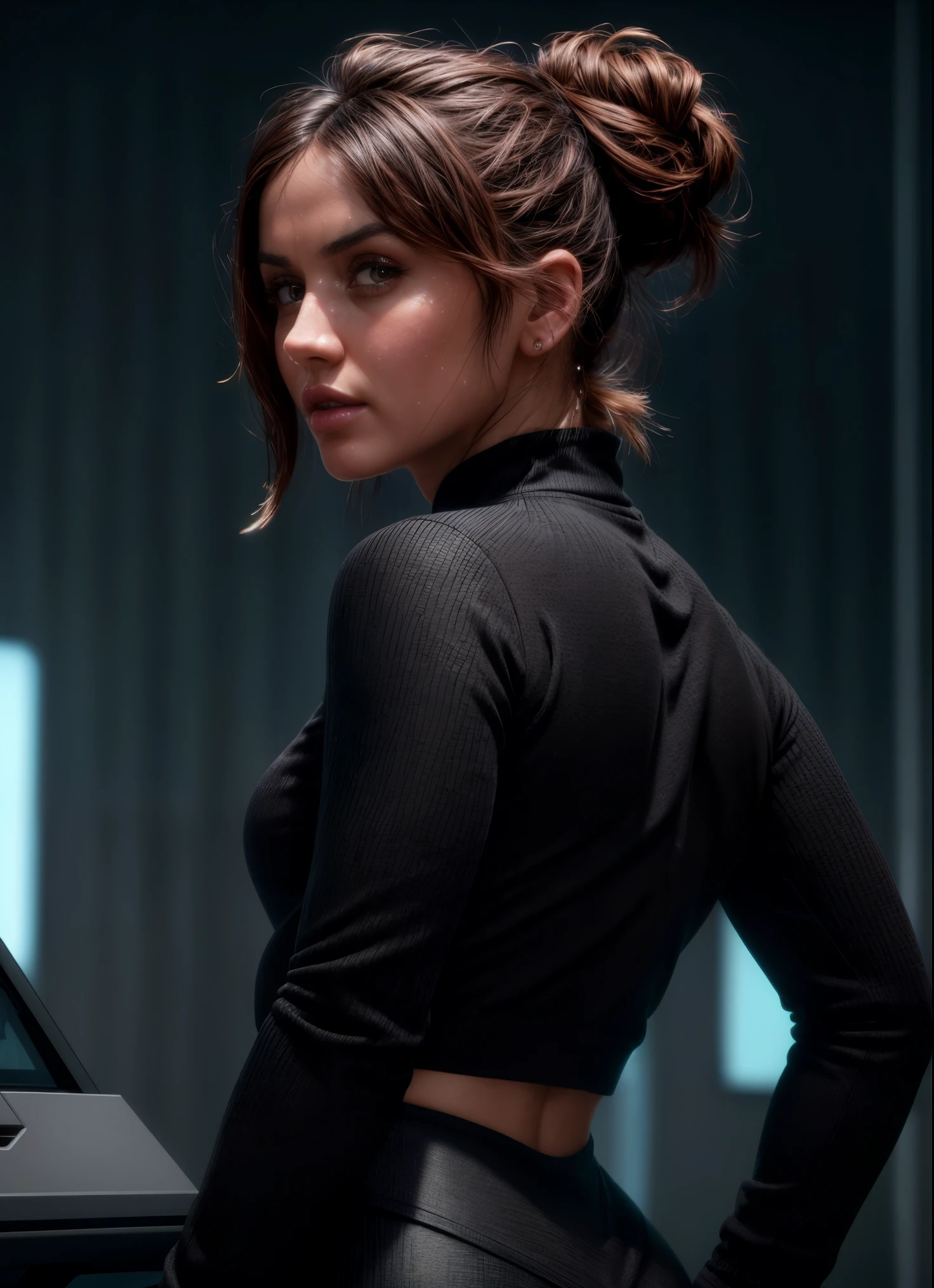 anamr in shopping center, pink messy bun hair, extremely detailed, realistic, perfect skin), looking at viewer, standing, full body, (black acoaL leggings), glow effects, godrays, Hand drawn, render, 8k, octane render, cinema 4d, blender, dark, atmospheric 4k ultra detailed, cinematic, Sharp focus, big depth of field, Masterpiece, colors, 3d octane render, 4k, concept art, trending on artstation, hyperrealistic, Vivid colors, extremely detailed CG unity 8k wallpaper, trending on CGSociety, Intricate, High Detail, dramatic,